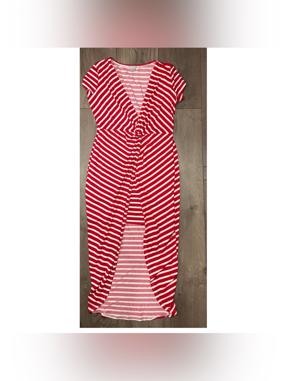 Pre-Owned Haute Monde Red White Striped Dress V-Neck Twist Front Midi M Casual